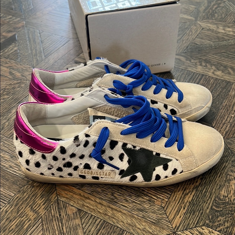 Golden Goose Animal Print Sneakers with Blue Laces Never Worn